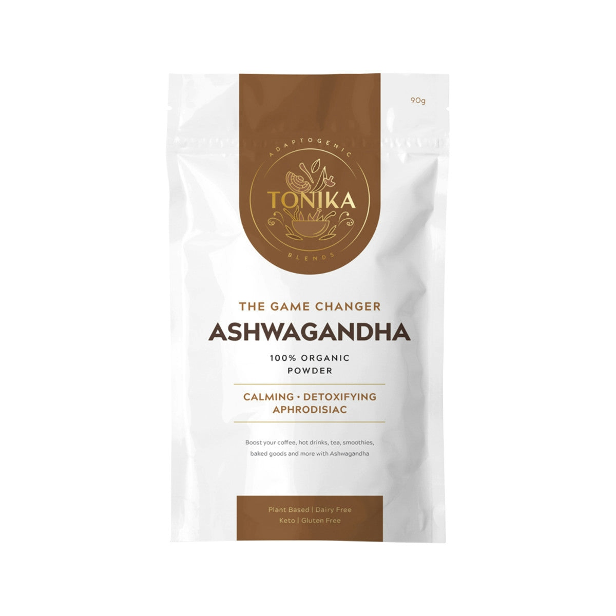 image of Tonika 100% Organic Powder Ashwagandha (The Game Changer) 90g on white background 