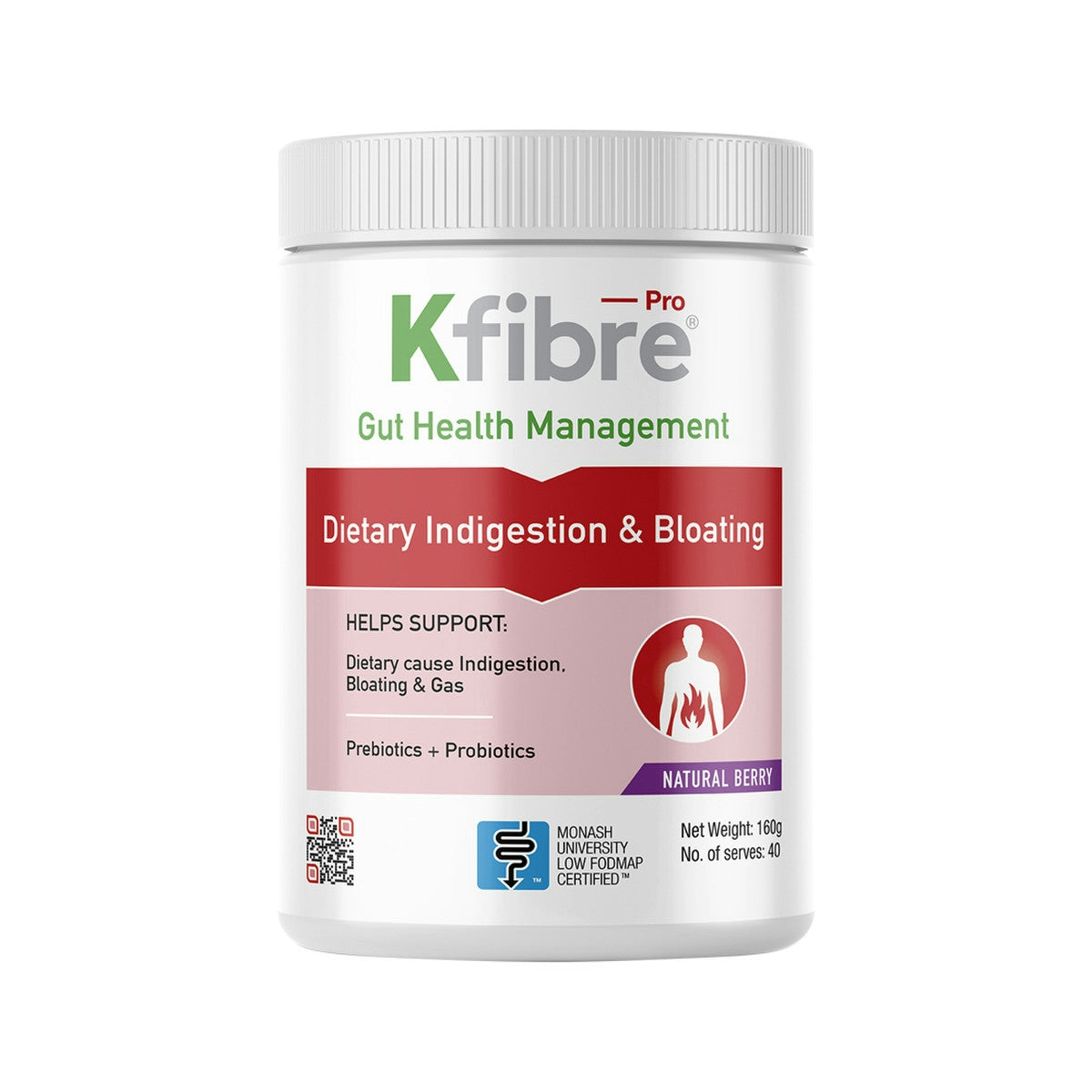 image of Kfibre Pro Dietary Indigestion & Bloating Natural Berry Tub 160g with white background