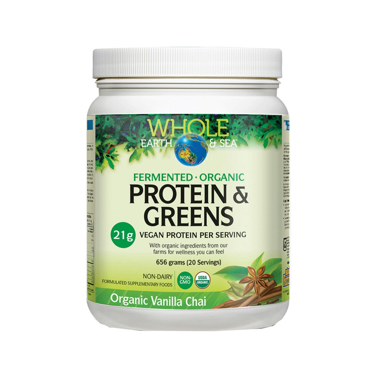 image of Whole Earth & Sea Protein & Greens Organic Vanilla Chai 656g on white background 