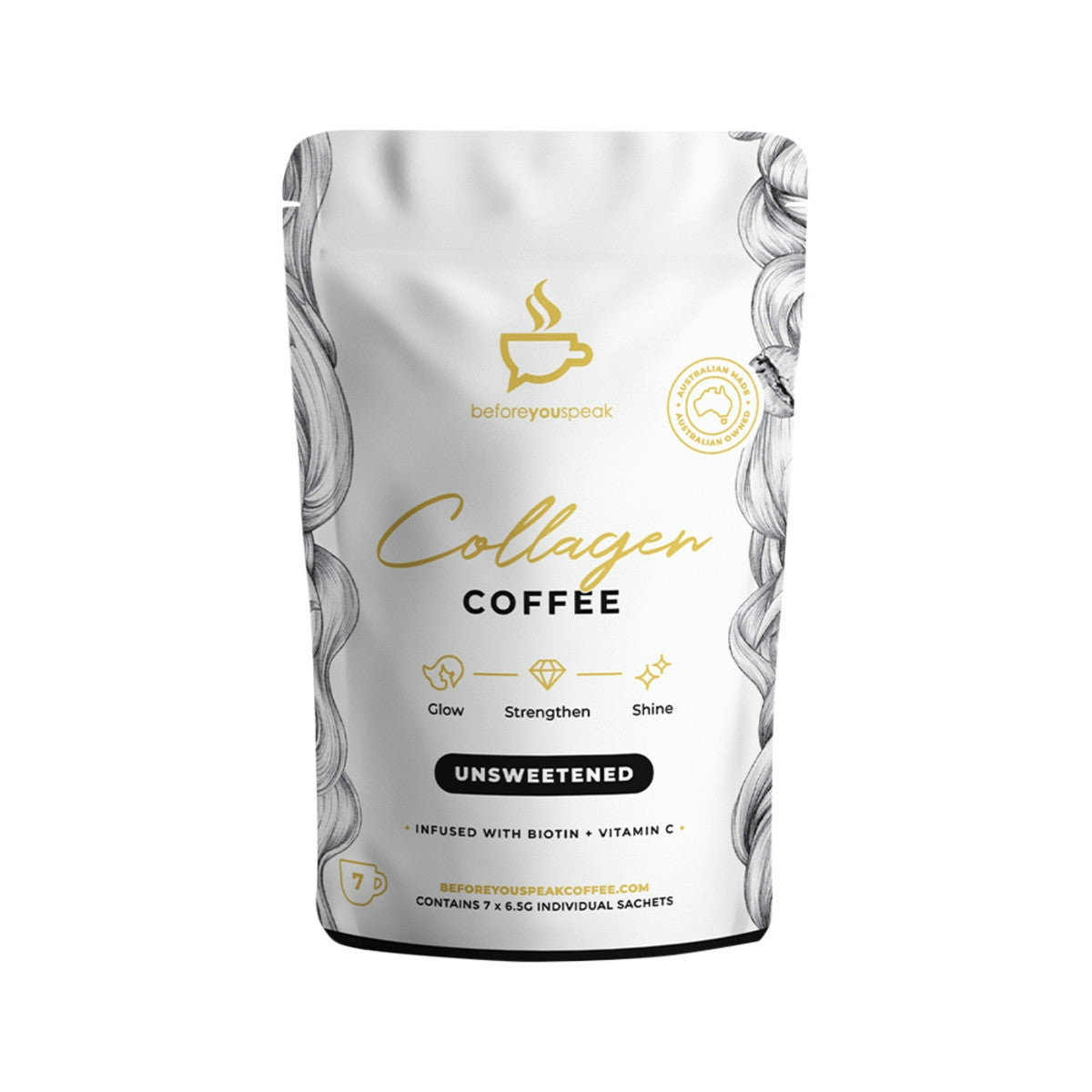 image of Before You Speak Collagen Coffee Unsweetened 6.5g x 7 Pack on white background 
