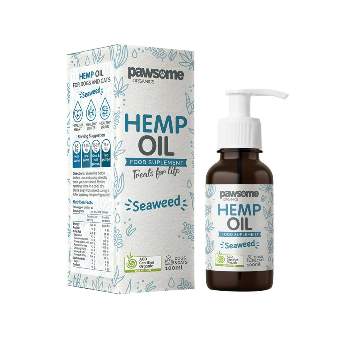 image of Pawsome Organics Pet Hemp Oil Seaweed 100ml on white background 
