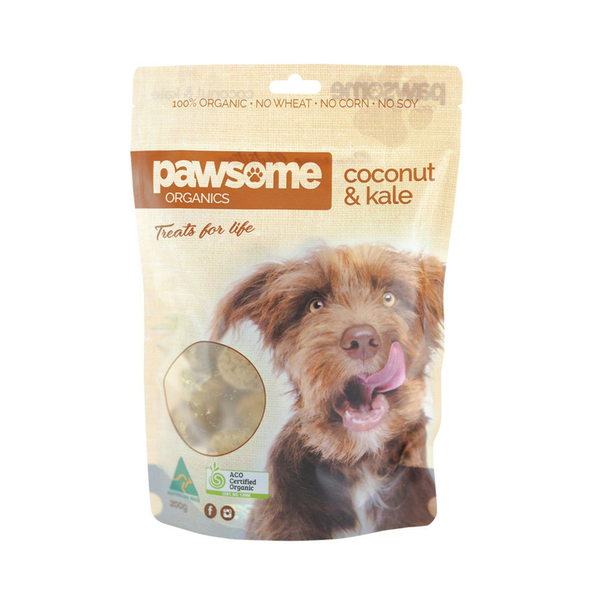 image of Pawsome Organics Pet Treats Coconut & Kale 200g on white background 