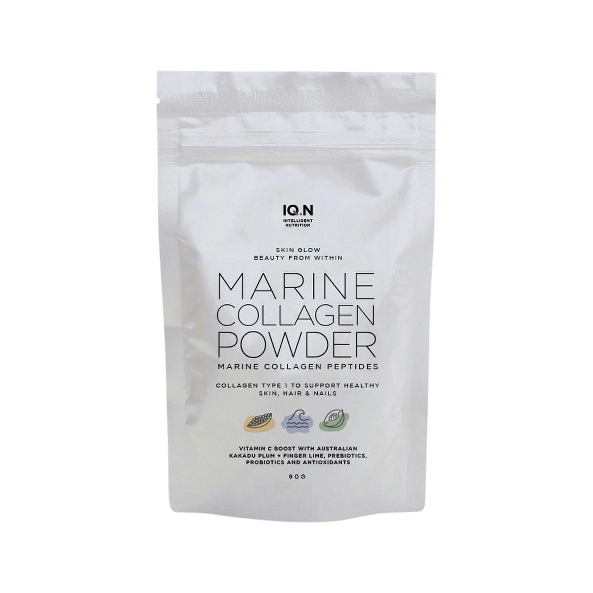 image of IQ.N Intelligent Nutrition Marine Collagen Powder (Skin Glow) Marine Collagen Peptides 90g with white background 