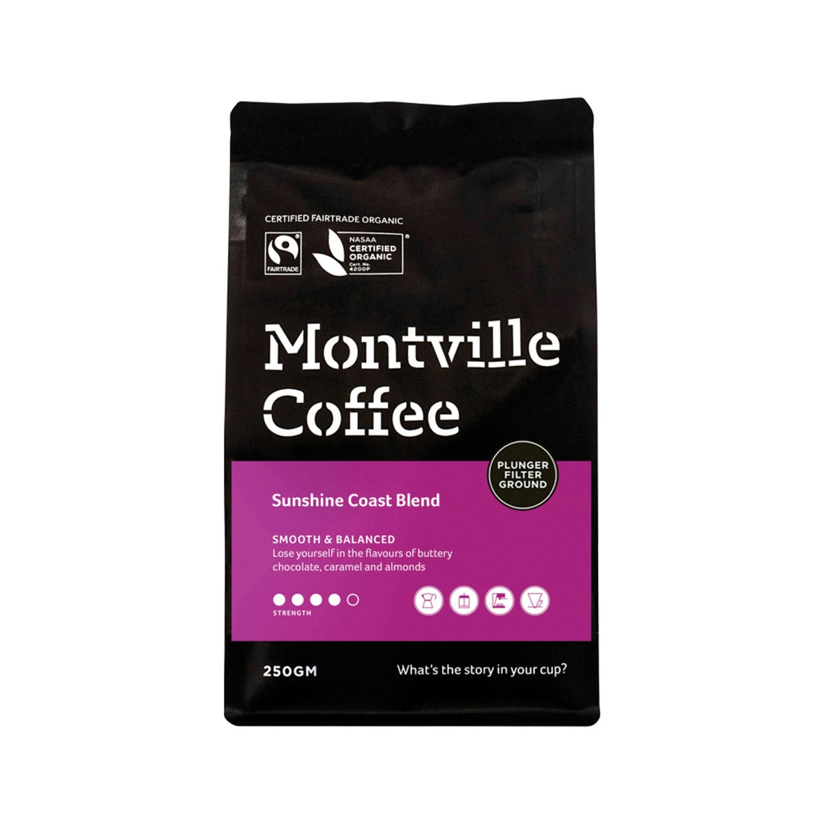image of Montville Coffee Organic Sunshine Coast Blend Plunger Filter Ground 250g on white background