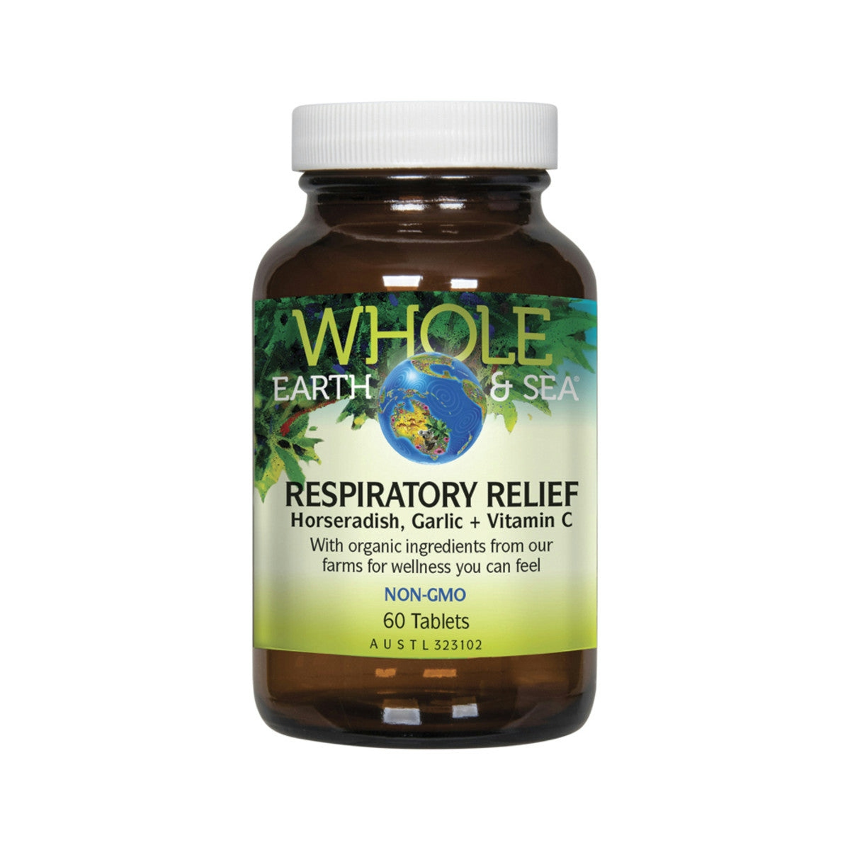 image of Whole Earth & Sea Respiratory Relief (Horseradish, Garlic + Vitamin C) 60t on white background 