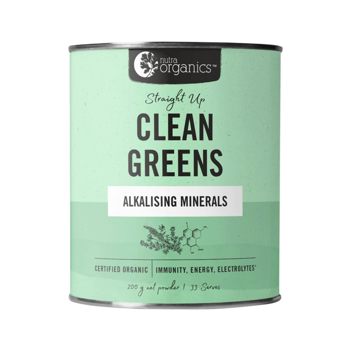 image of Nutra Organics Clean Greens Straight Up 200g on white background 