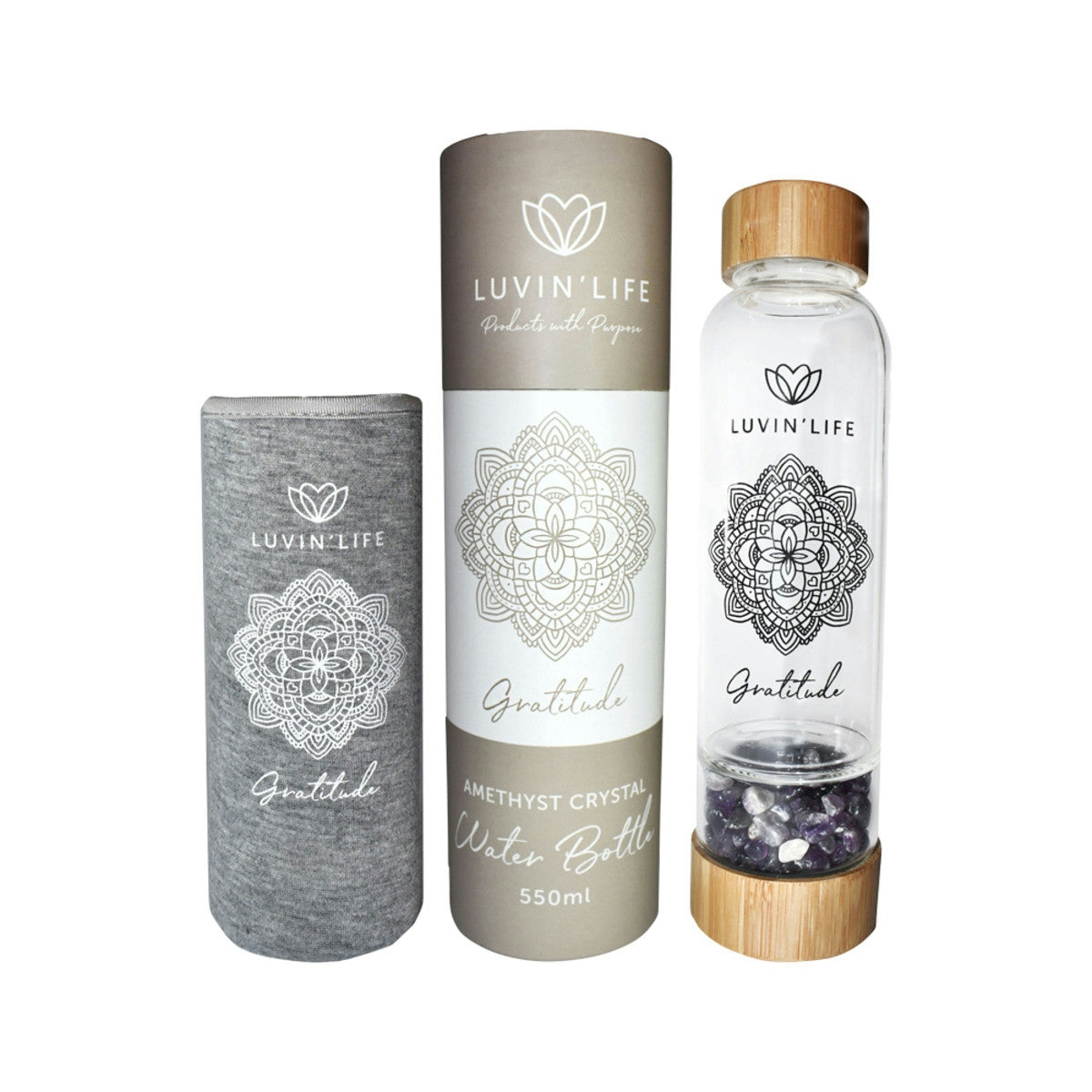 image of Luvin' Life Water Bottle Amethyst Crystals & Bamboo 'Gratitude' (Includes Sleeve) 550ml on white background 
