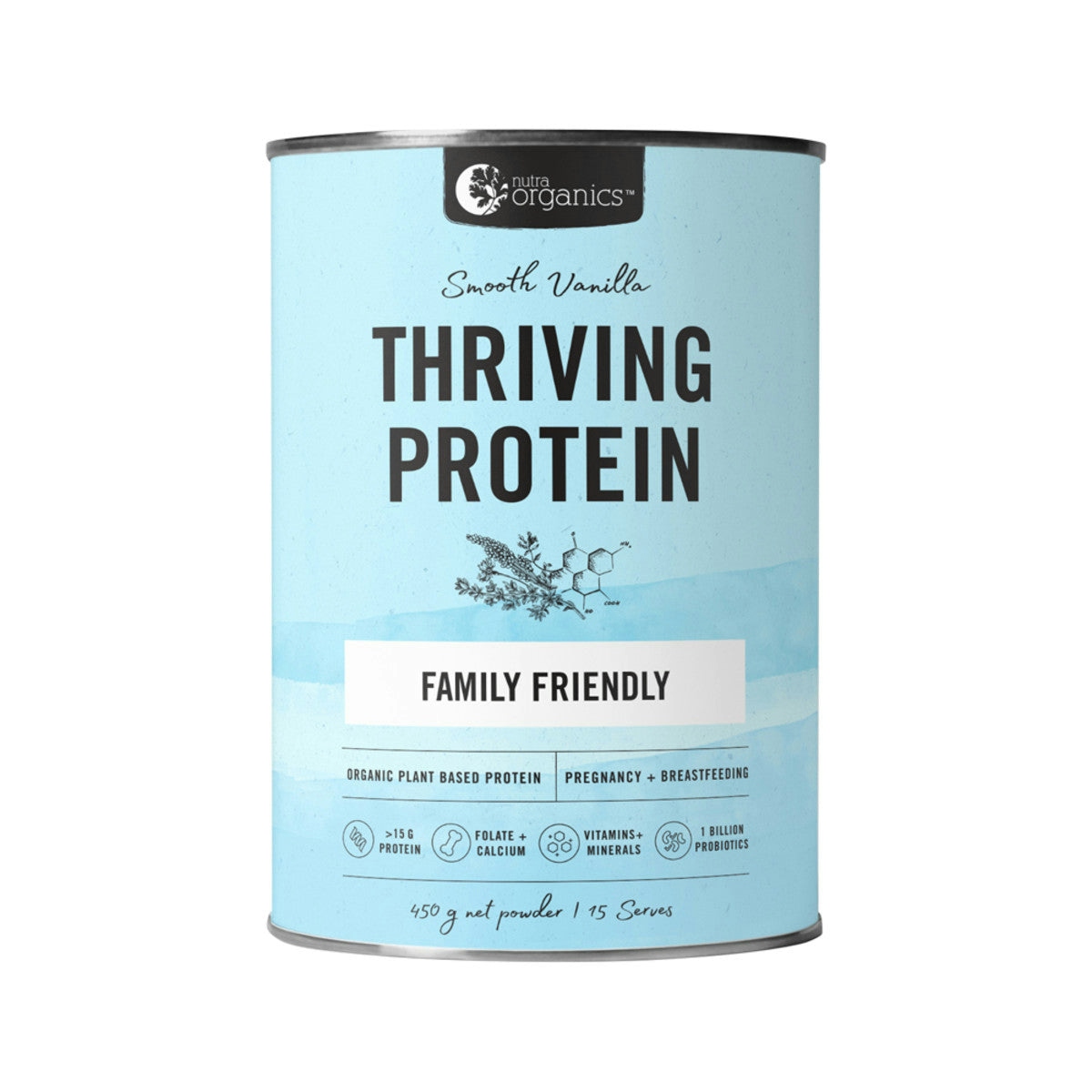 image of Nutra Organics Thriving Protein Smooth Vanilla 450g on white background