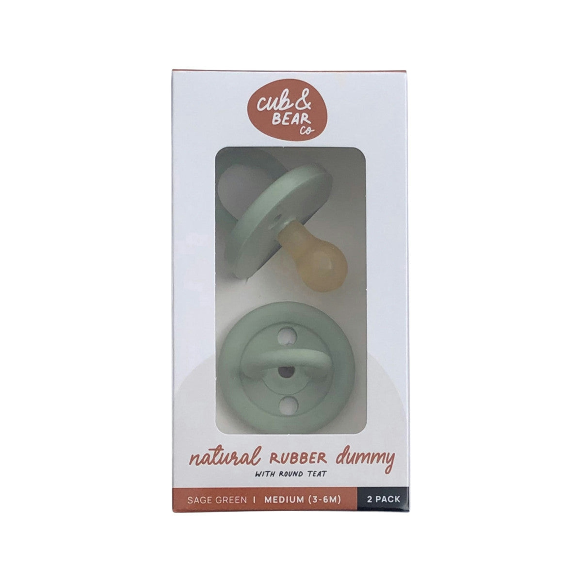 image of Cub & Bear Co Natural Rubber Dummy Round Teat Medium (3-6 Months) Sage Green Twin Pack on white background 