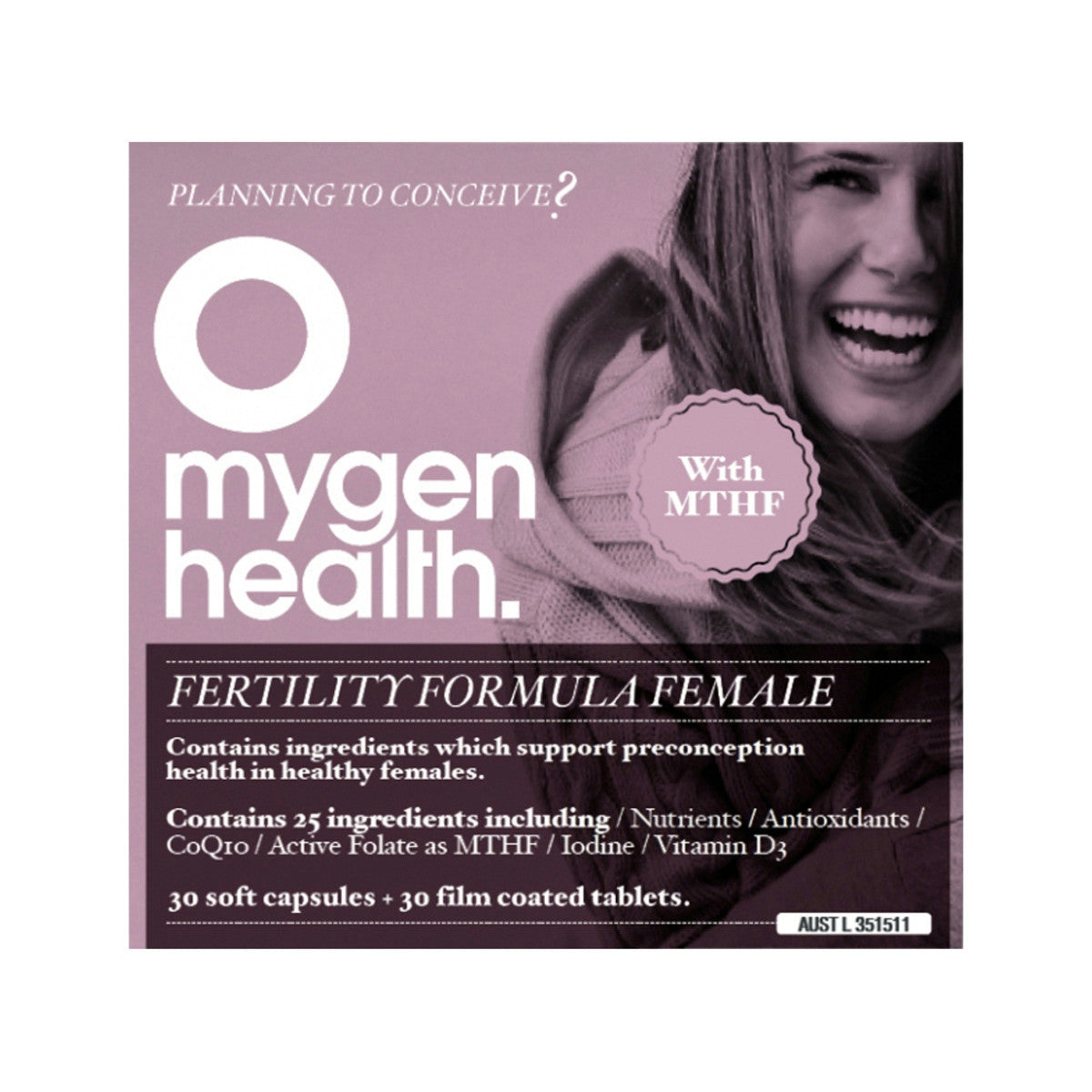 image of Mygen Health Fertility Formula Female 30t & 30c on white background 