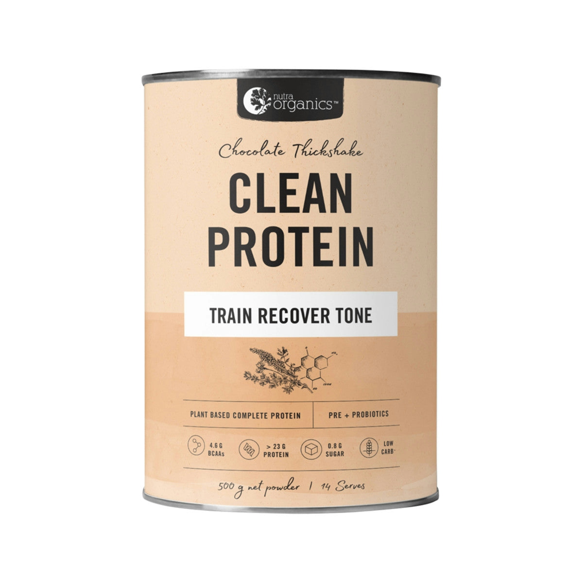 image of Nutra Organics Clean Protein Chocolate Thickshake 500g on white background 