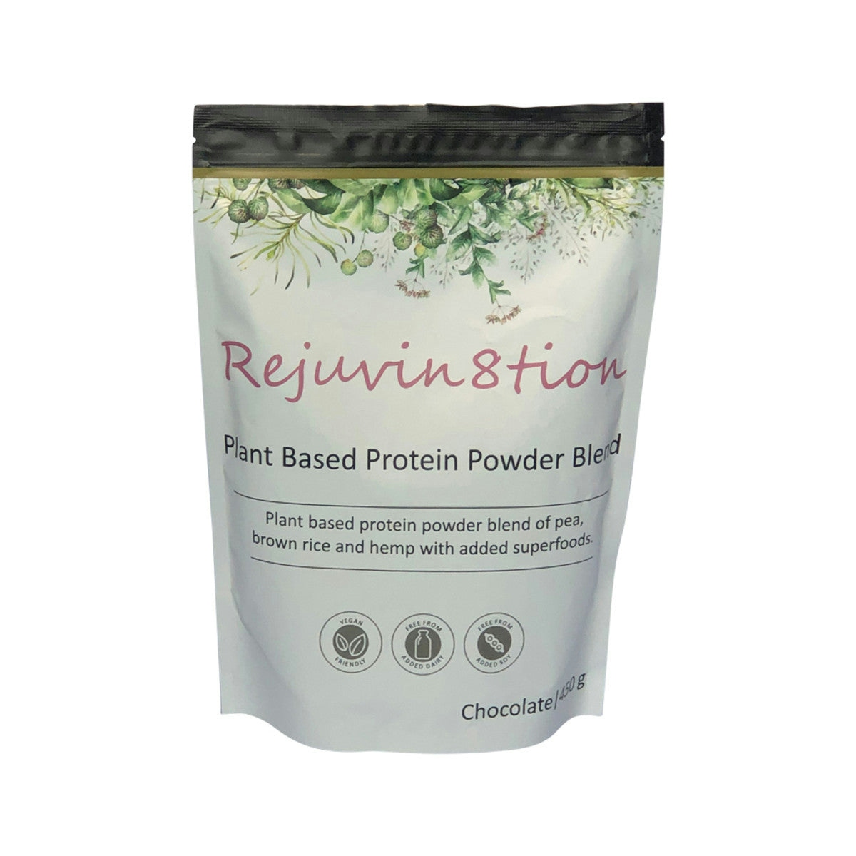 image of Rejuvin8tion Plant Based Protein Powder Blend Chocolate 450g on white background