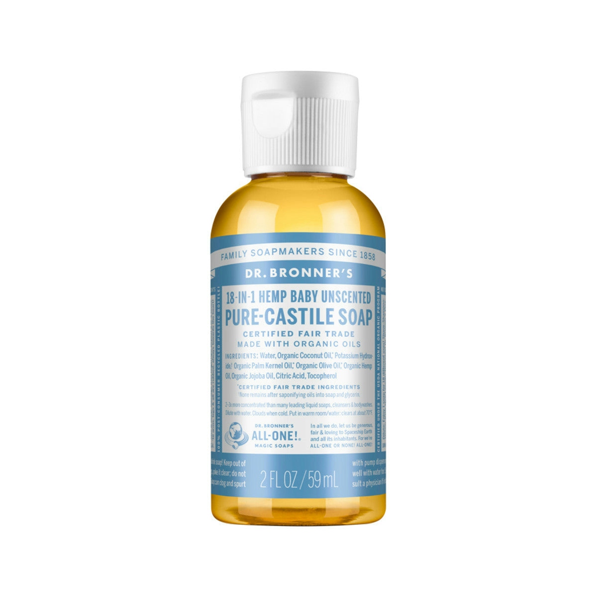 image of Dr. Bronner's Pure-Castile Soap Liquid (Hemp 18-in-1) Baby Unscented 59ml on white background 
