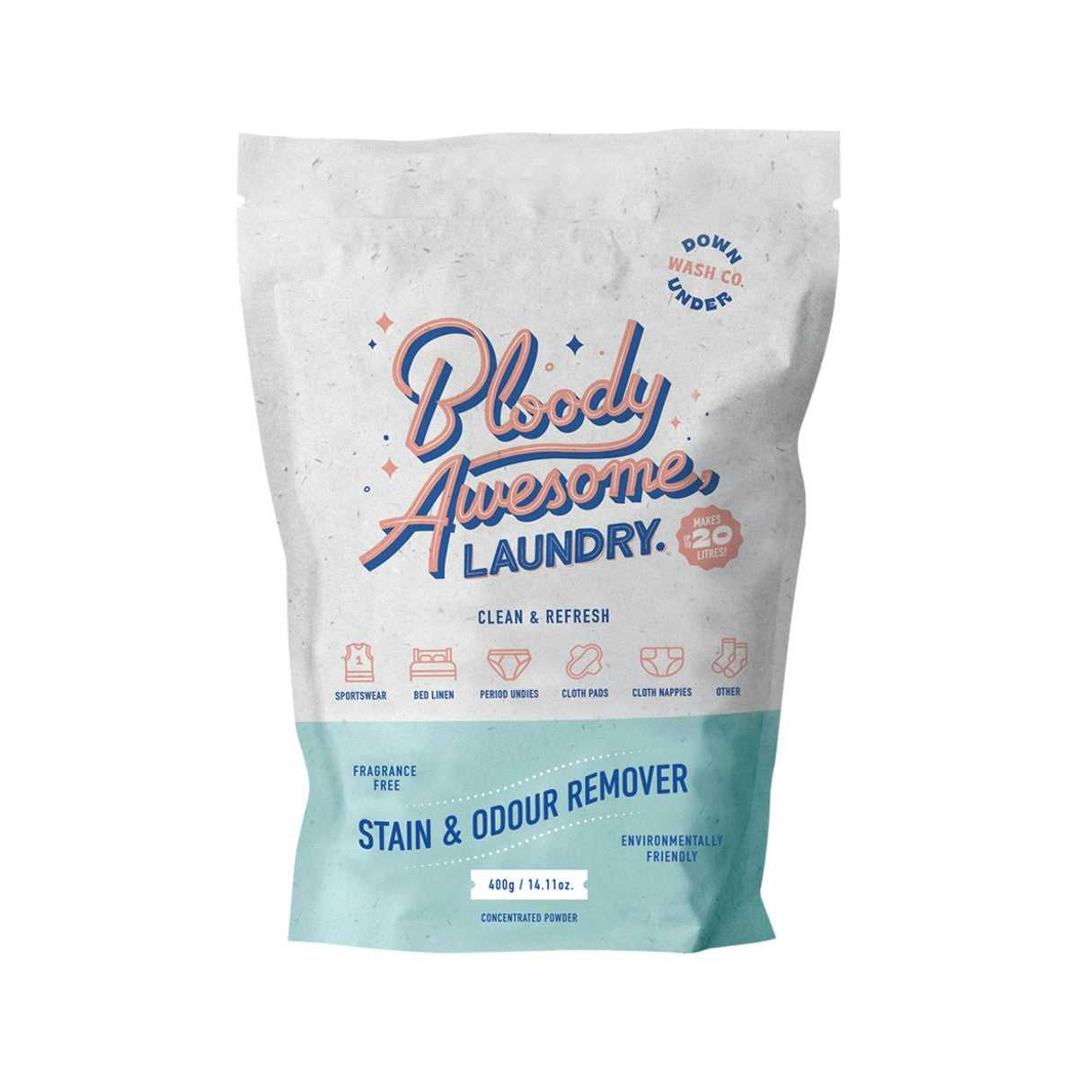 image of Downunder Wash Co. (Bloody Awesome, Laundry) Stain & Odour Remover Powder Fragrance Free 400g on white background
