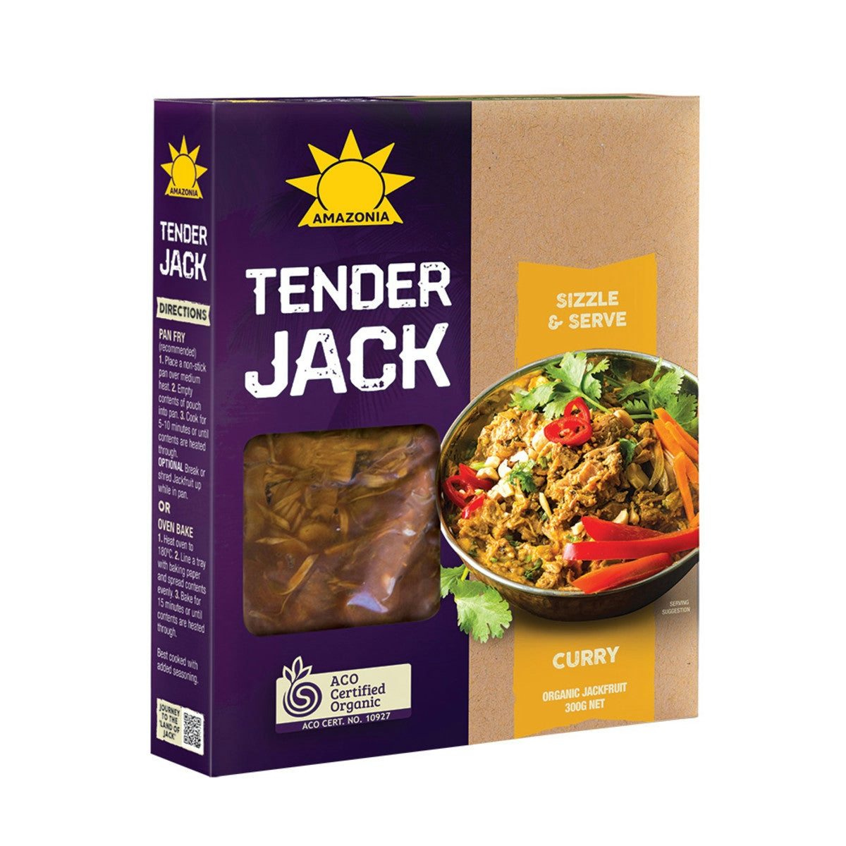 image of Amazonia Organic Tender Jack - Pulled Jackfruit (Curry Flavour) 300g on white background 