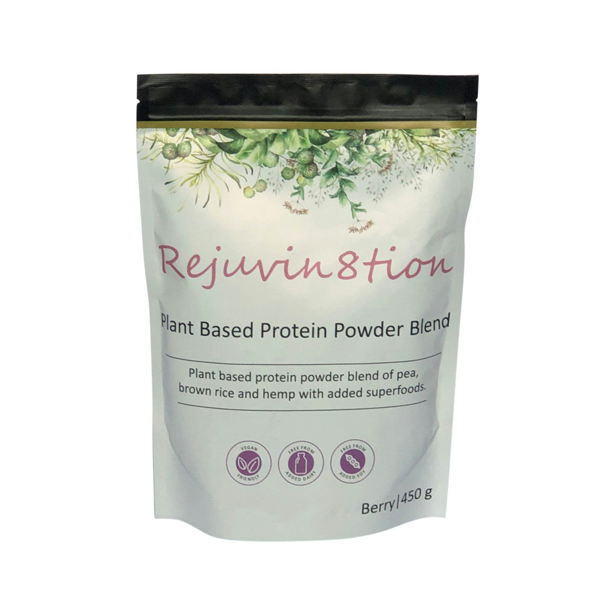 image of Rejuvin8tion Plant Based Protein Powder Blend Berry 450g on white background