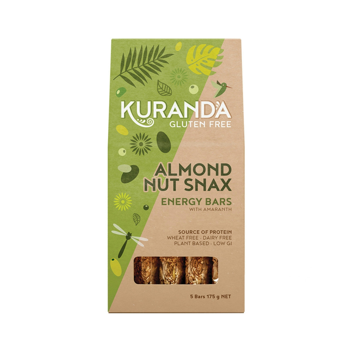 image of Kuranda Gluten Free Energy Bars Almond Nut Snax 35g x 5 Pack on white background 