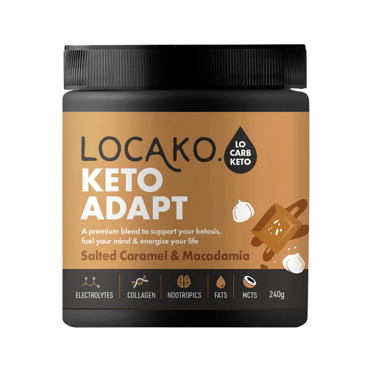 image of Locako Keto Adapt Salted Caramel and Macadamia 240g on white background 
