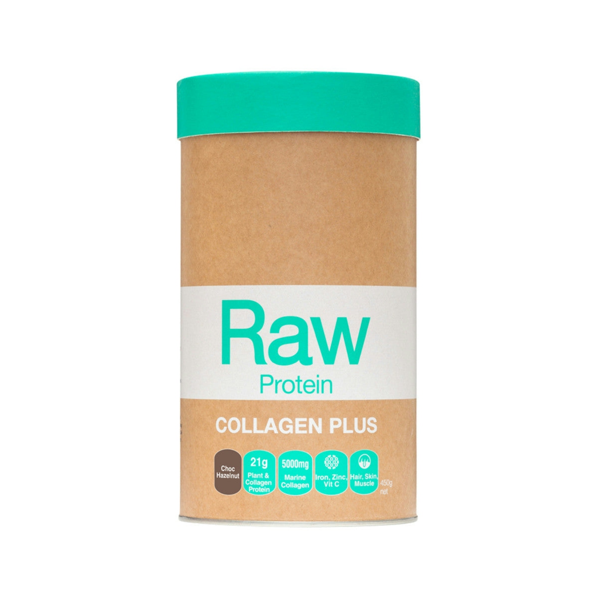 image of Amazonia Raw Protein Collagen Plus Choc Hazelnut 450g on white background