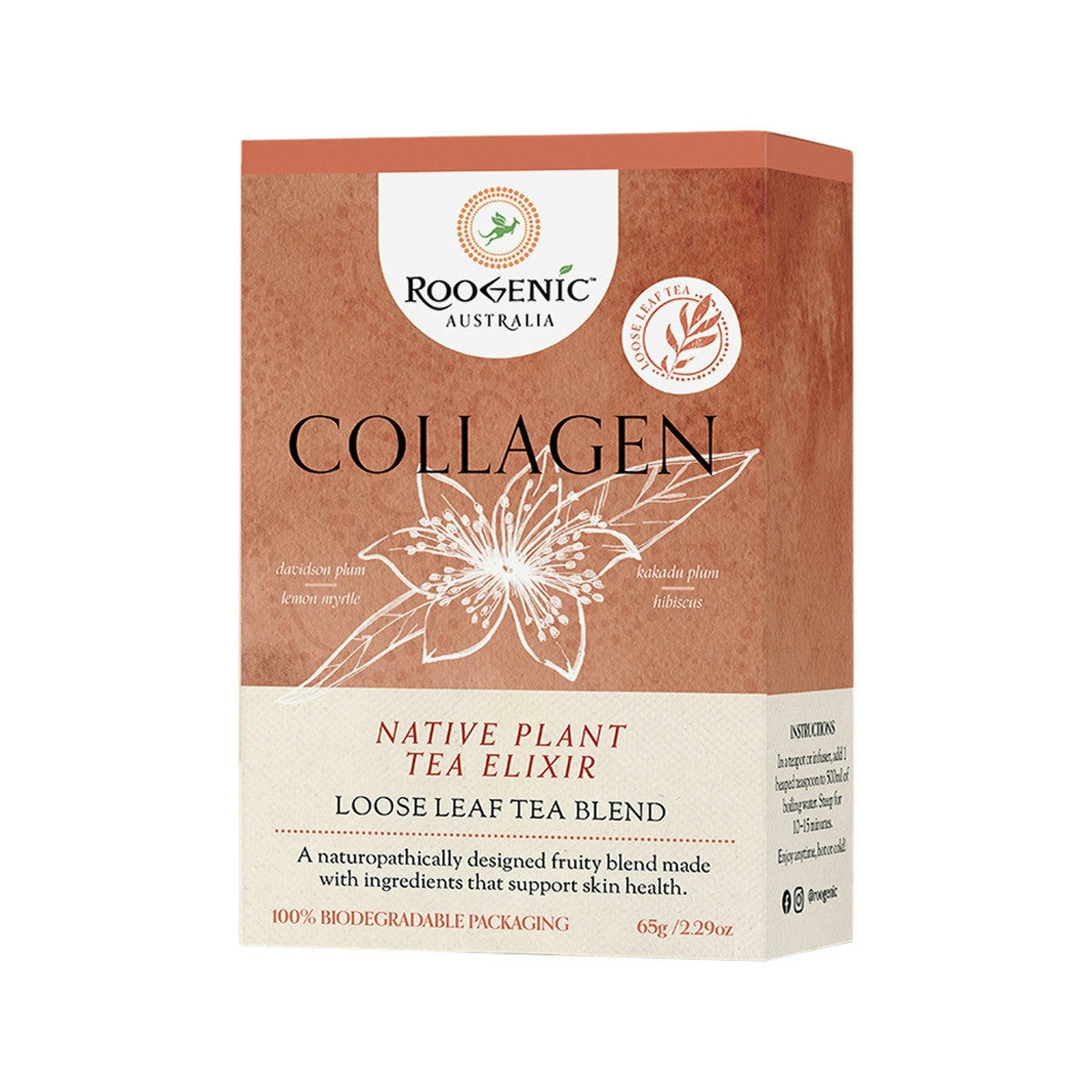 image of Roogenic Australia Collagen Native Plant Tea Elixir Loose Leaf 65g with white background 