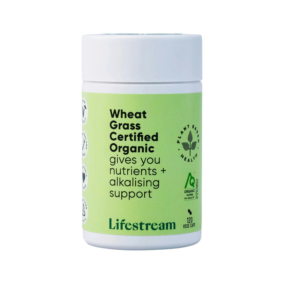 IMAGE OF Lifestream Wheat Grass Certified Organic 120vc on white background 