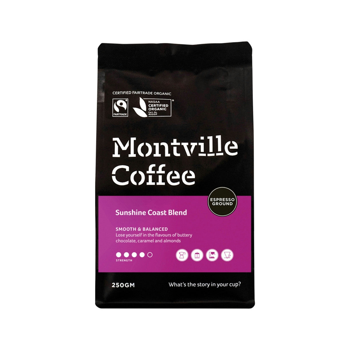 image of Montville Coffee Organic Sunshine Coast Blend Espresso Ground 250g on white background