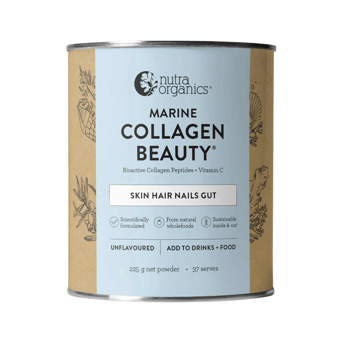 image of Nutra Organics Marine Collagen Beauty with Bioactive Collagen Peptides + Vitamin C Unflavoured 225g with white background