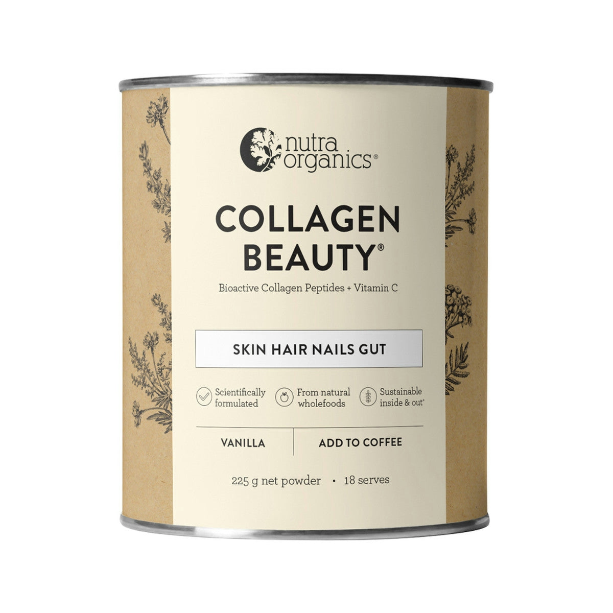 image of Nutra Organics Collagen Beauty (For Coffee) with Bioactive Collagen Peptides + Vitamin C Vanilla 225g on white background