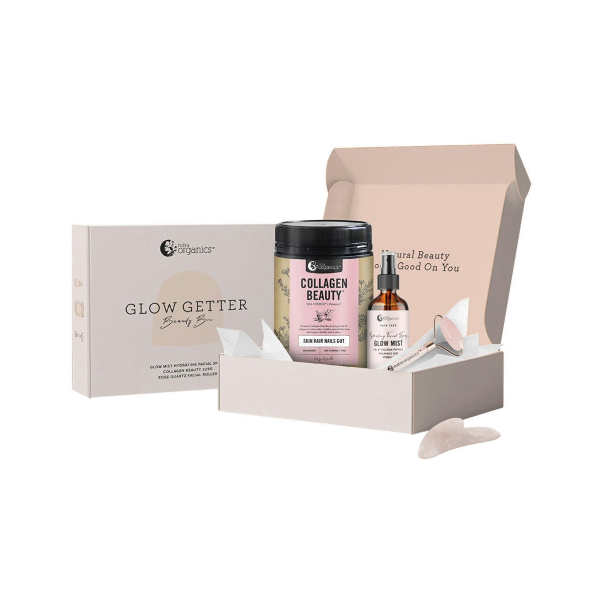 image of xNutra Organics Glow Getter Beauty Box Quartz Roller(Collagen Glow Mist,Collagen Beauty 225g,Roller) on white background 