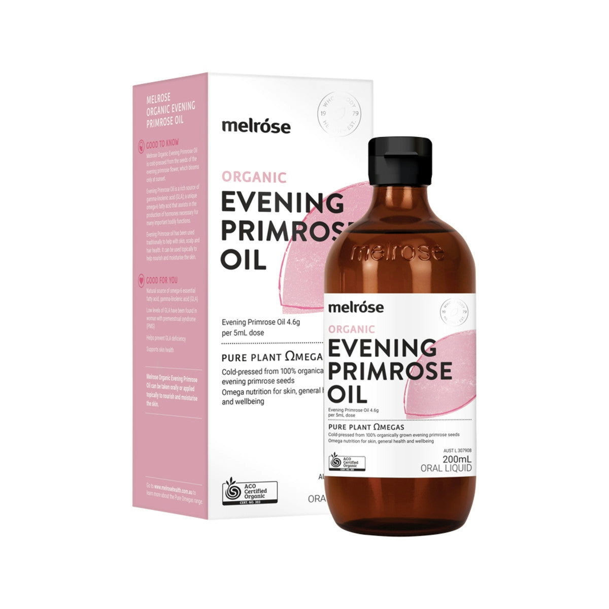 image of Melrose Organic Evening Primrose Oil 200ml with a white background 