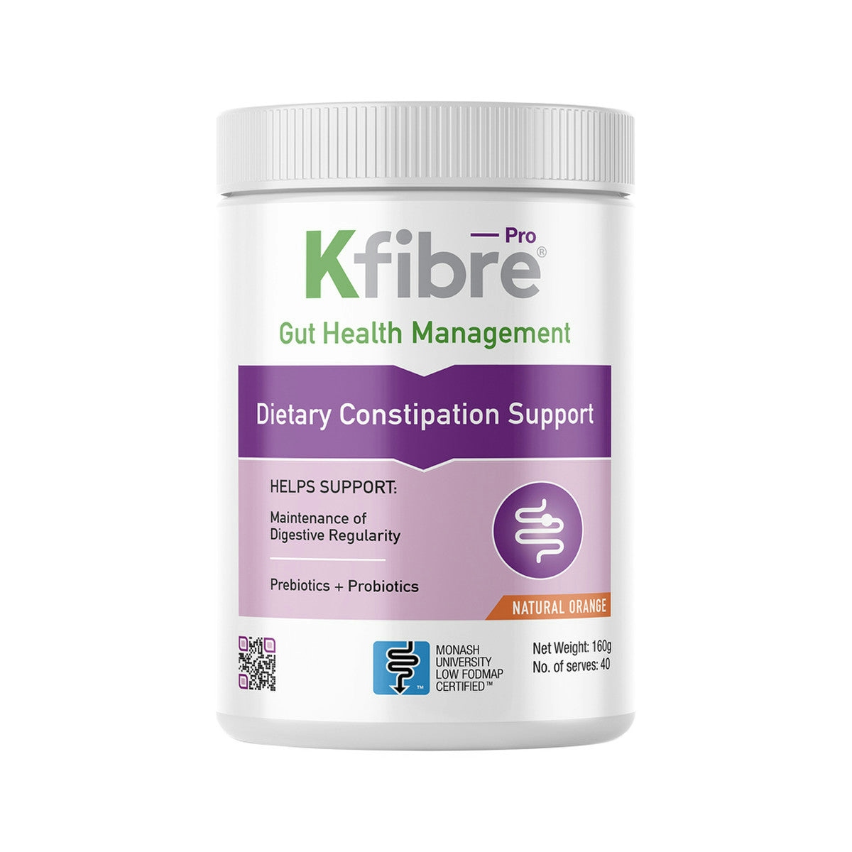 image of Kfibre Pro Dietary Constipation Support Natural Orange Tub 160g with white background