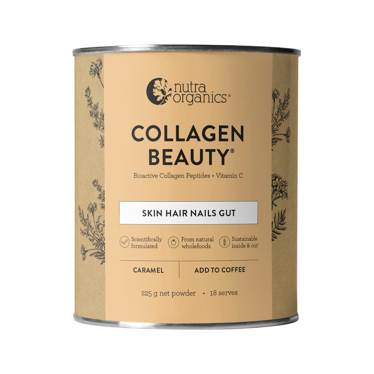 image of Nutra Organics Collagen Beauty (For Coffee) with Bioactive Collagen Peptides + Vitamin C Caramel 225g on white background