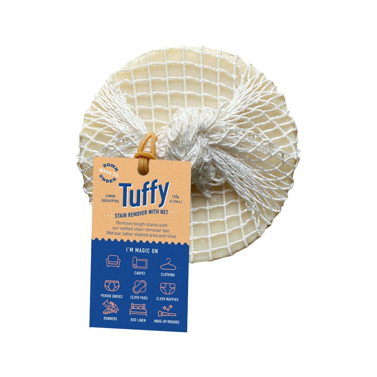 image of Downunder Wash Co. Tuffy Stain Remover with Net Lemon Eucalyptus 120g on white background