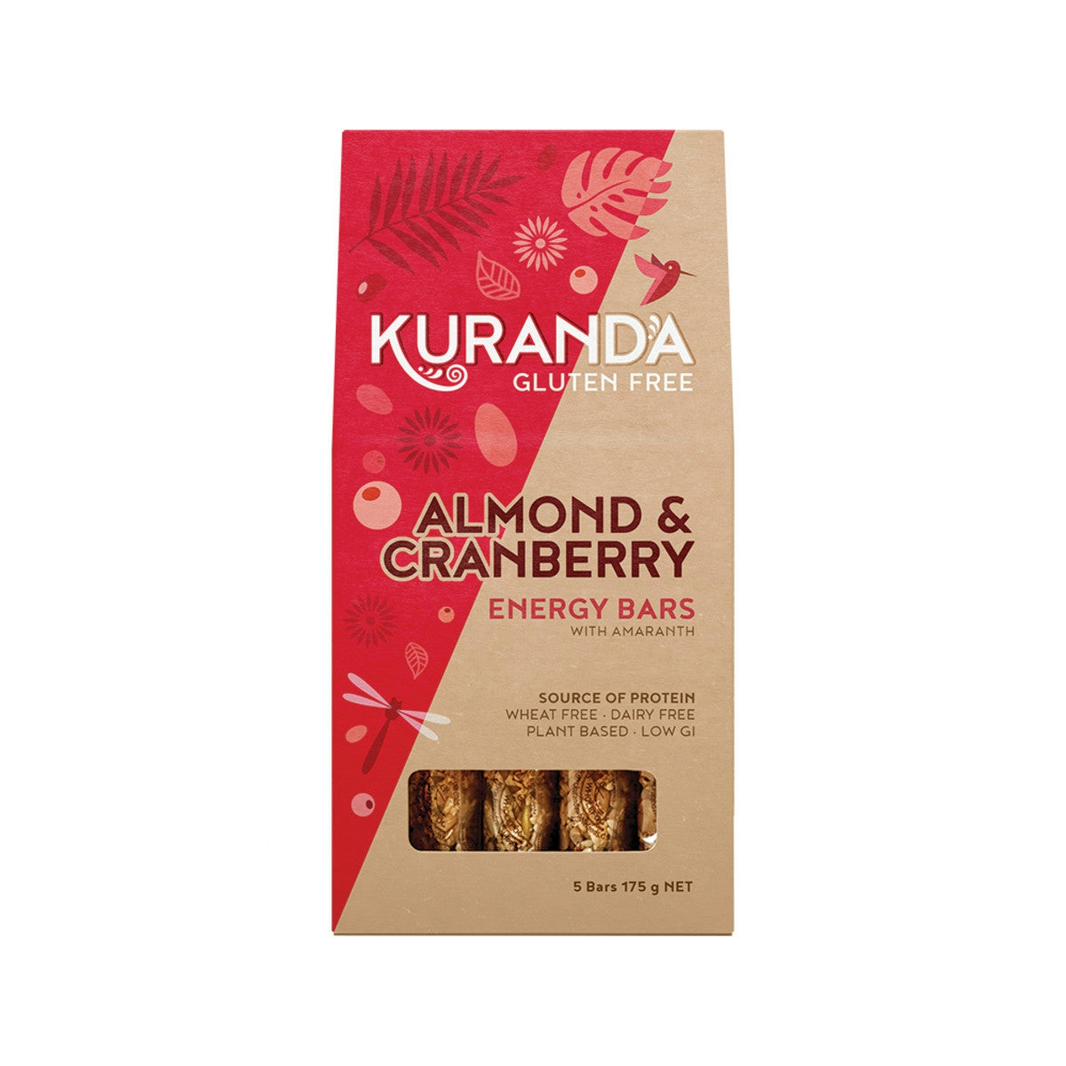 image of Kuranda Gluten Free Energy Bars Almond and Cranberry 35g x 5 Pack on white background 