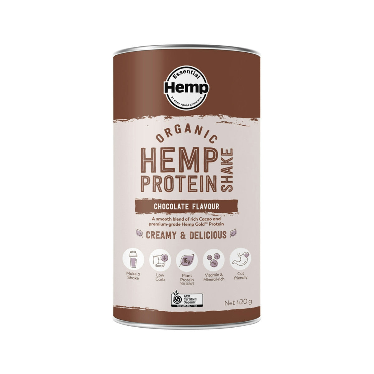 image of Essential Hemp Organic Hemp Protein Shake Chocolate 420g on white background 